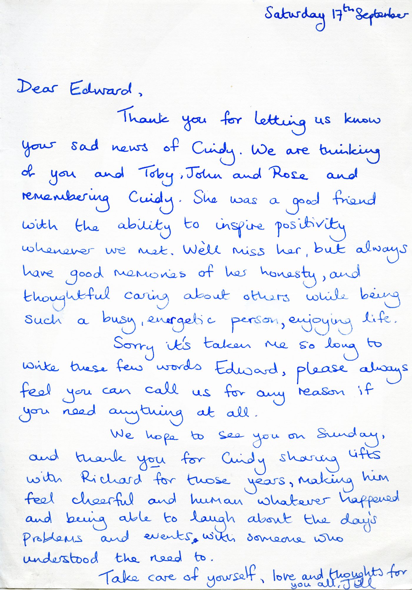 The first page of the memories from Jill