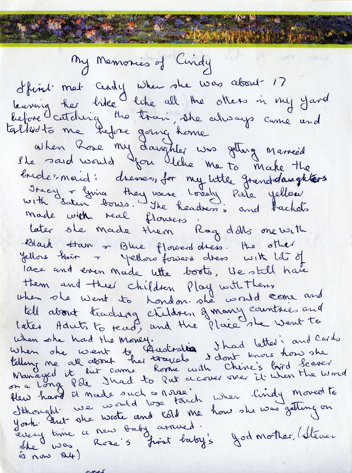 The first page of the memories from Jean Barnes
