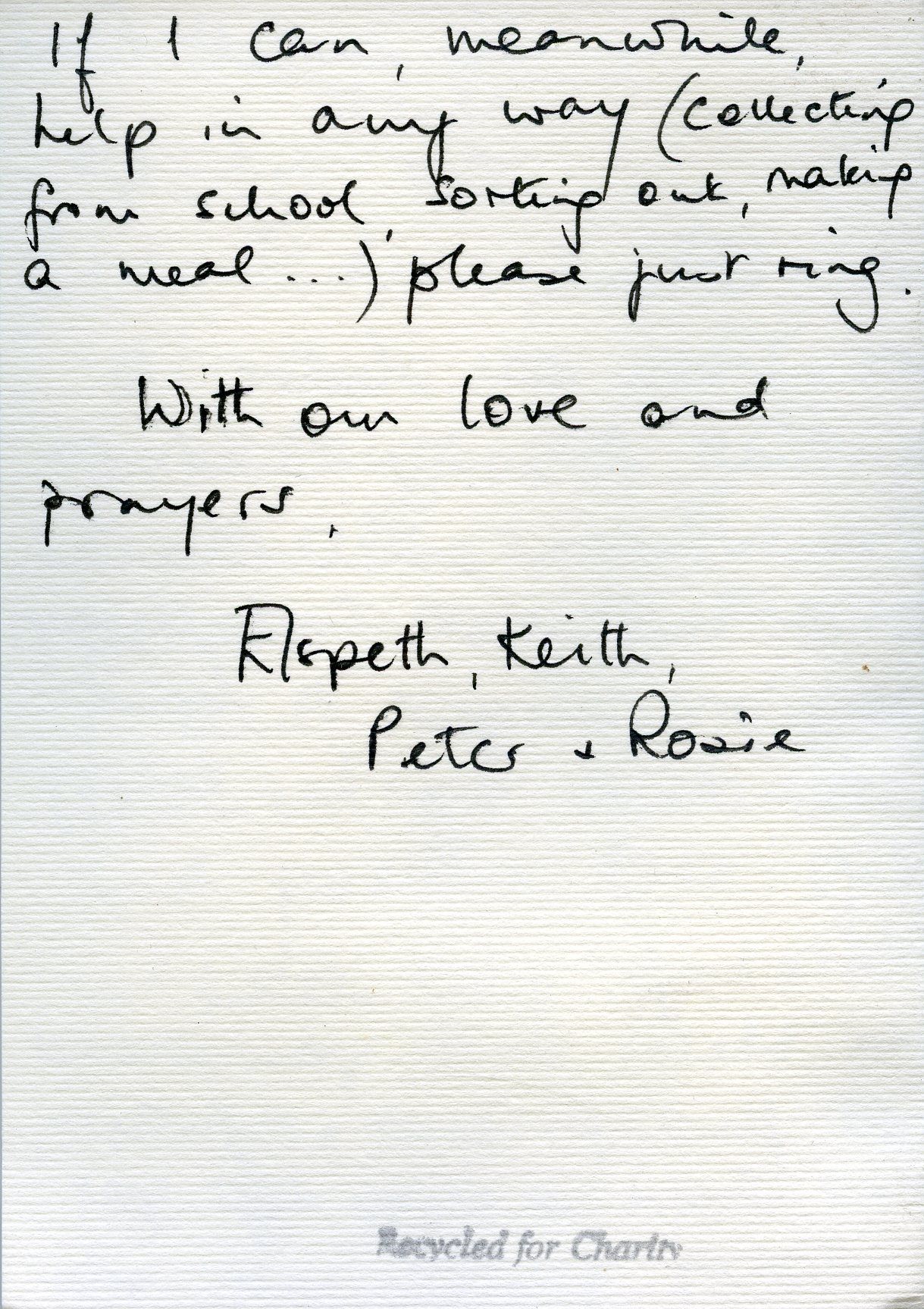 Front of the card from Elspeth, Keith, Peter and Rosie