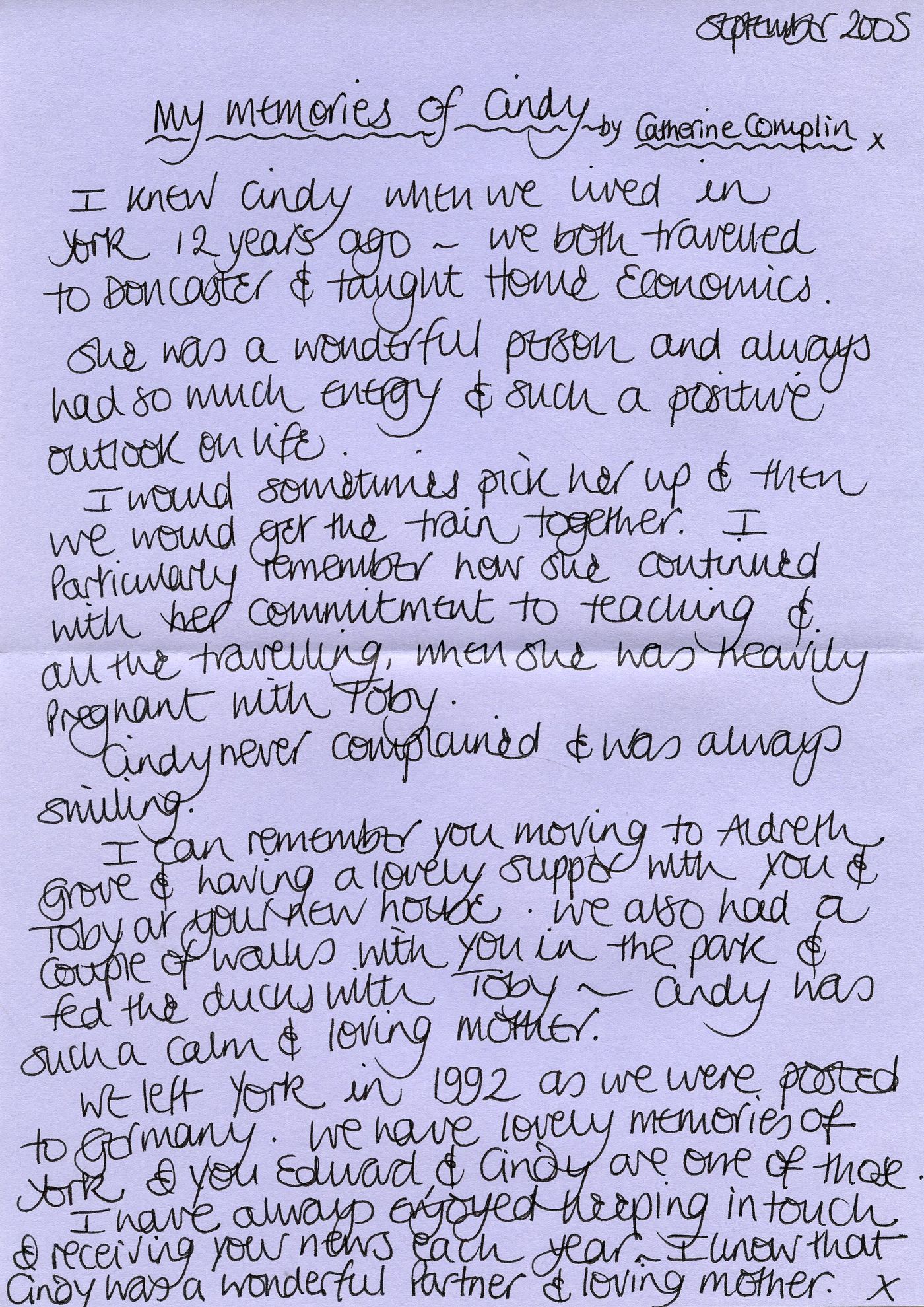 The first page of the memories from Catherine Complin