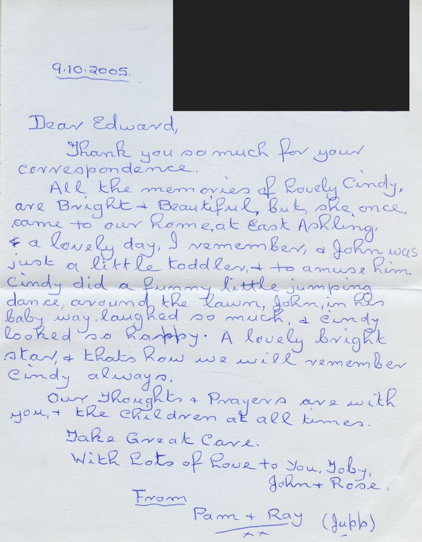 The first page of the memories from Pam