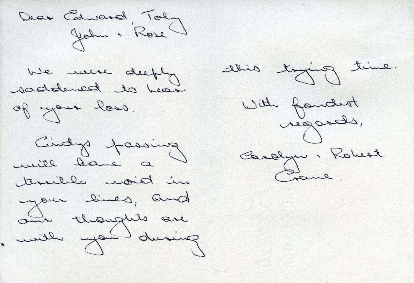 Front of the card from Carolyn and Robert Evans