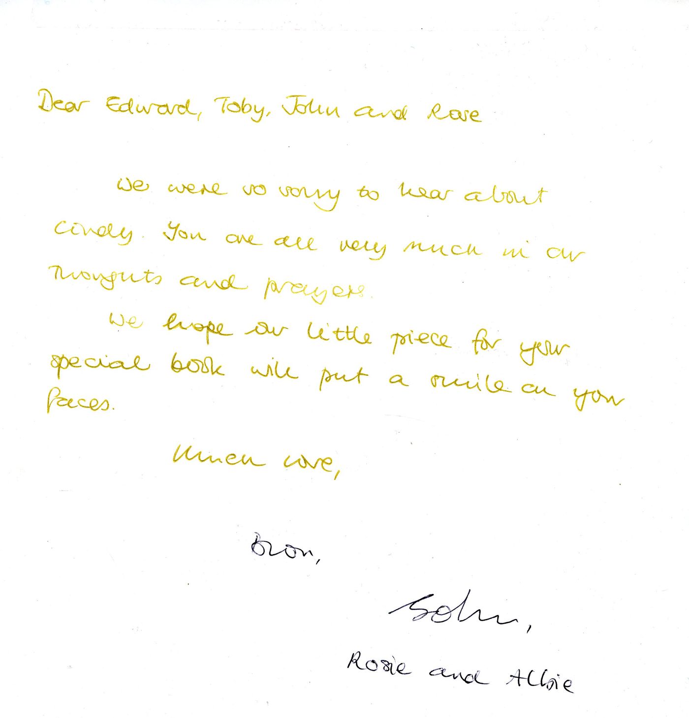 Front of the card from Bron, John, Rosie and Albie