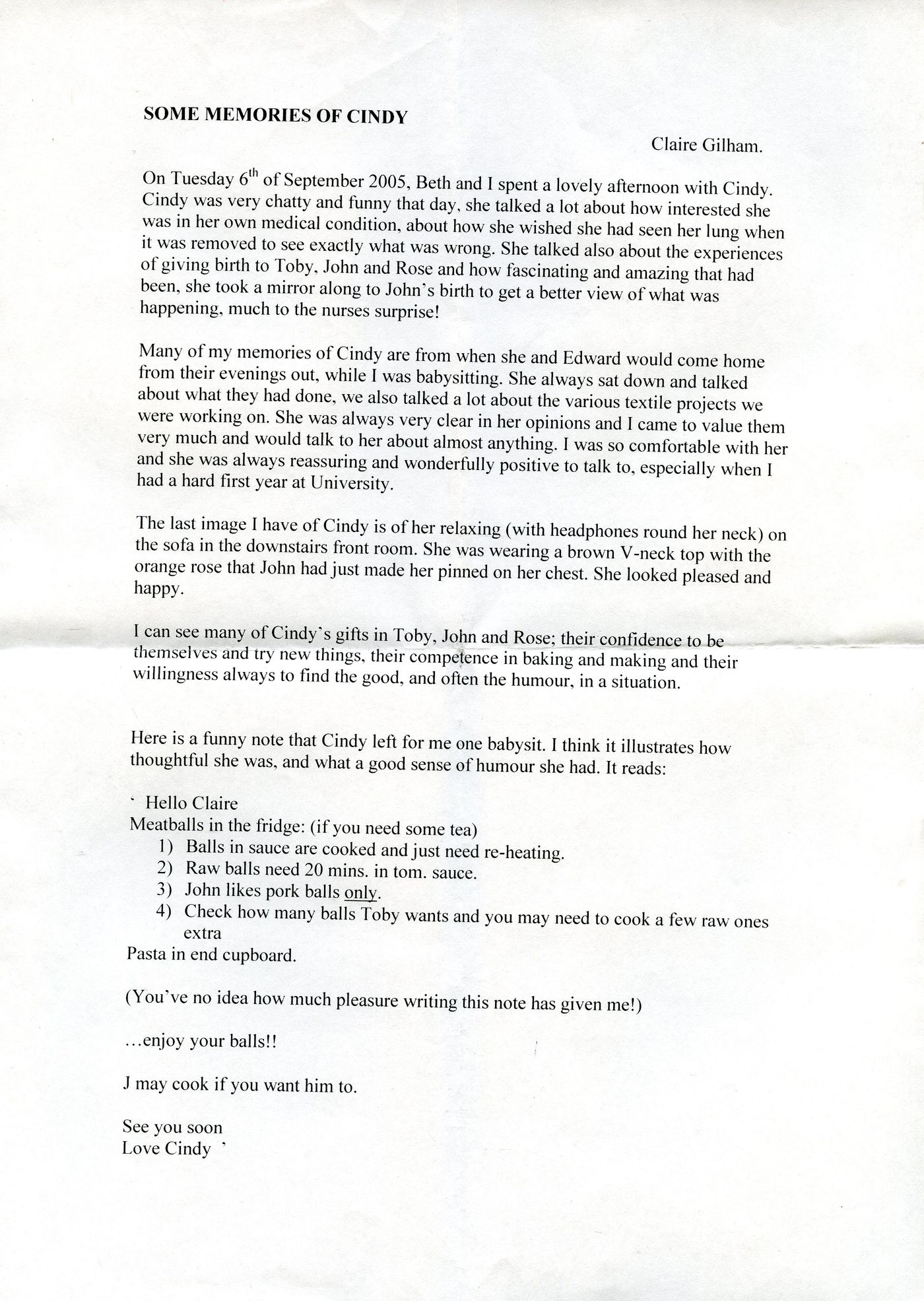 The first page of the memories from Claire Gilham