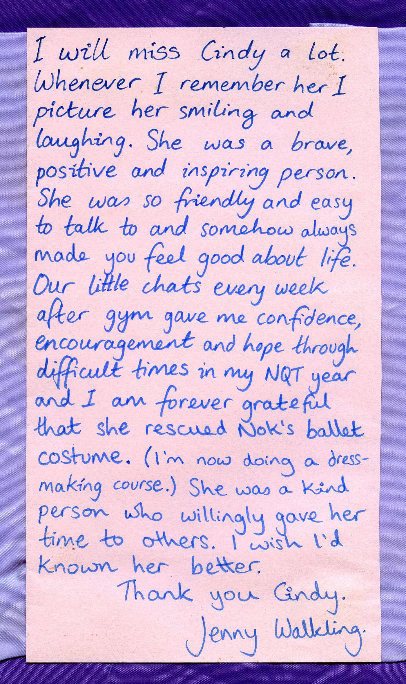 The first page of the memories from Jenny Walkling