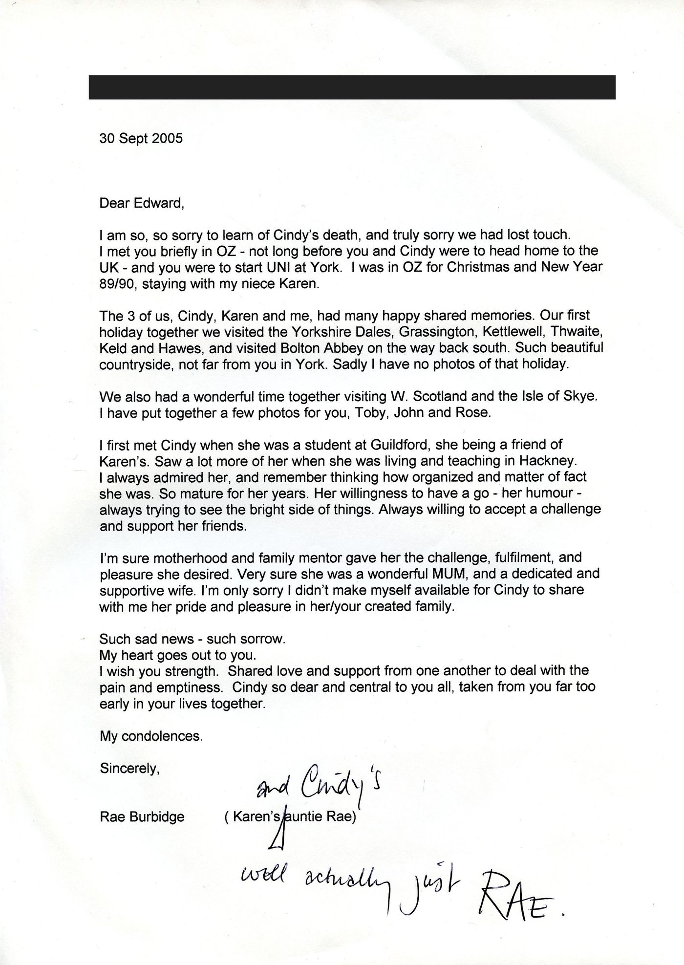 The first page of the memories from Rae