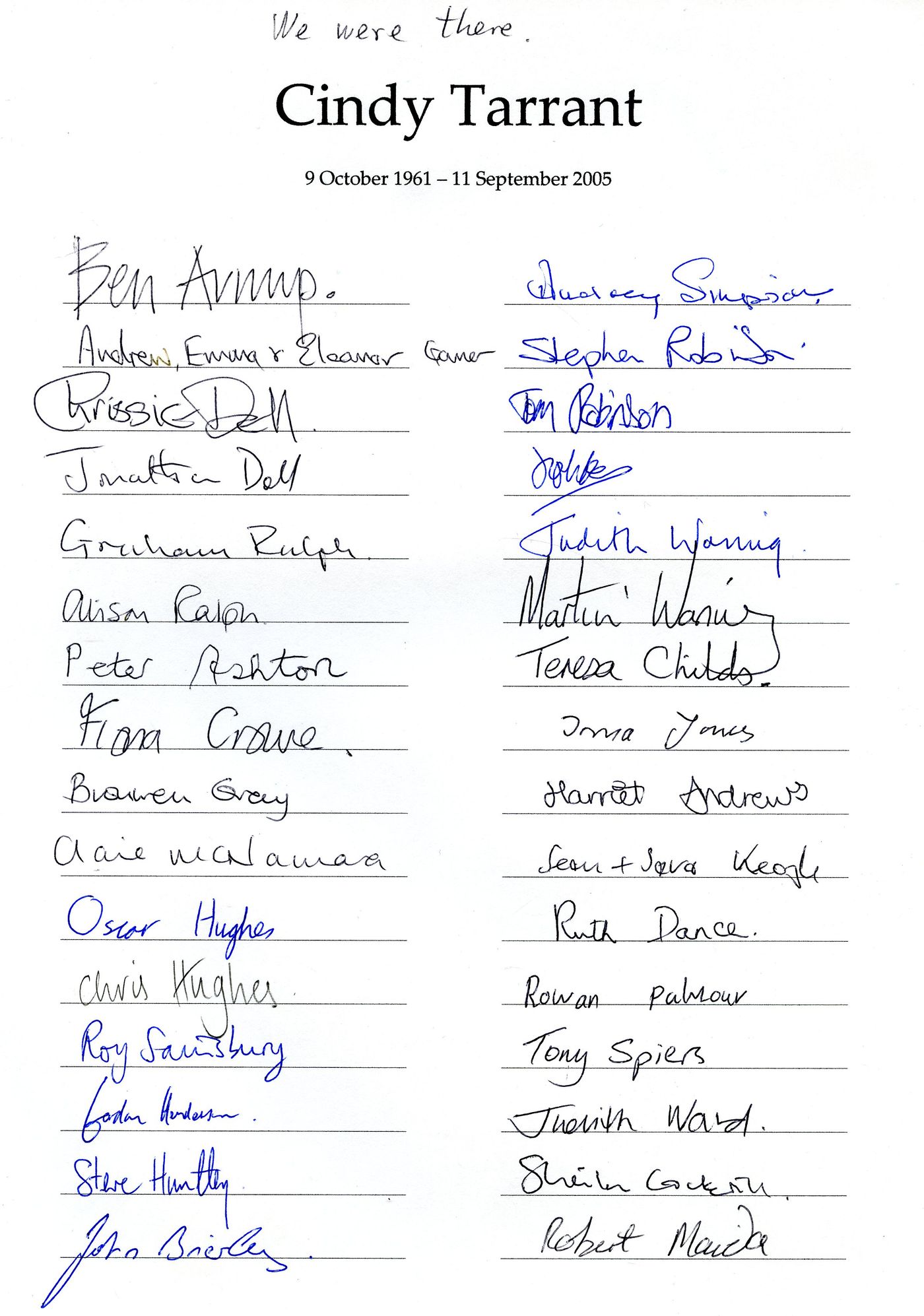Page 3 of the list of names at the funeral