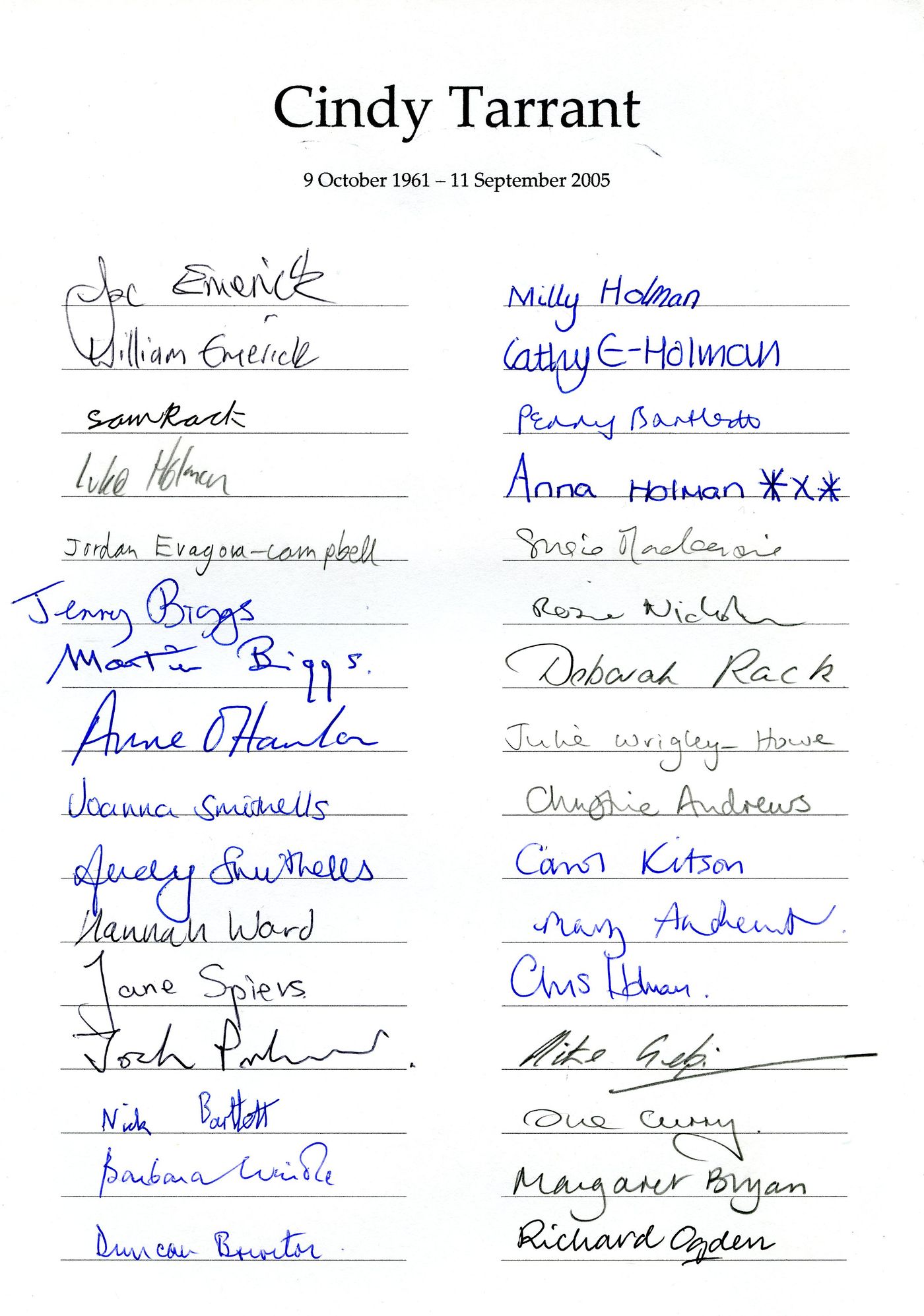 Page 6 of the list of names at the funeral