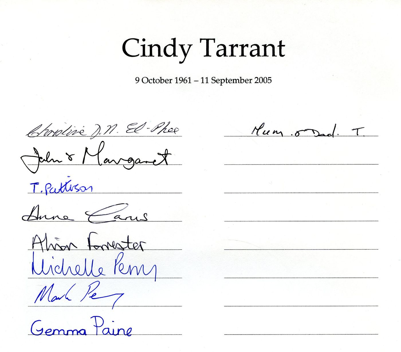 Page 7 of the list of names at the funeral