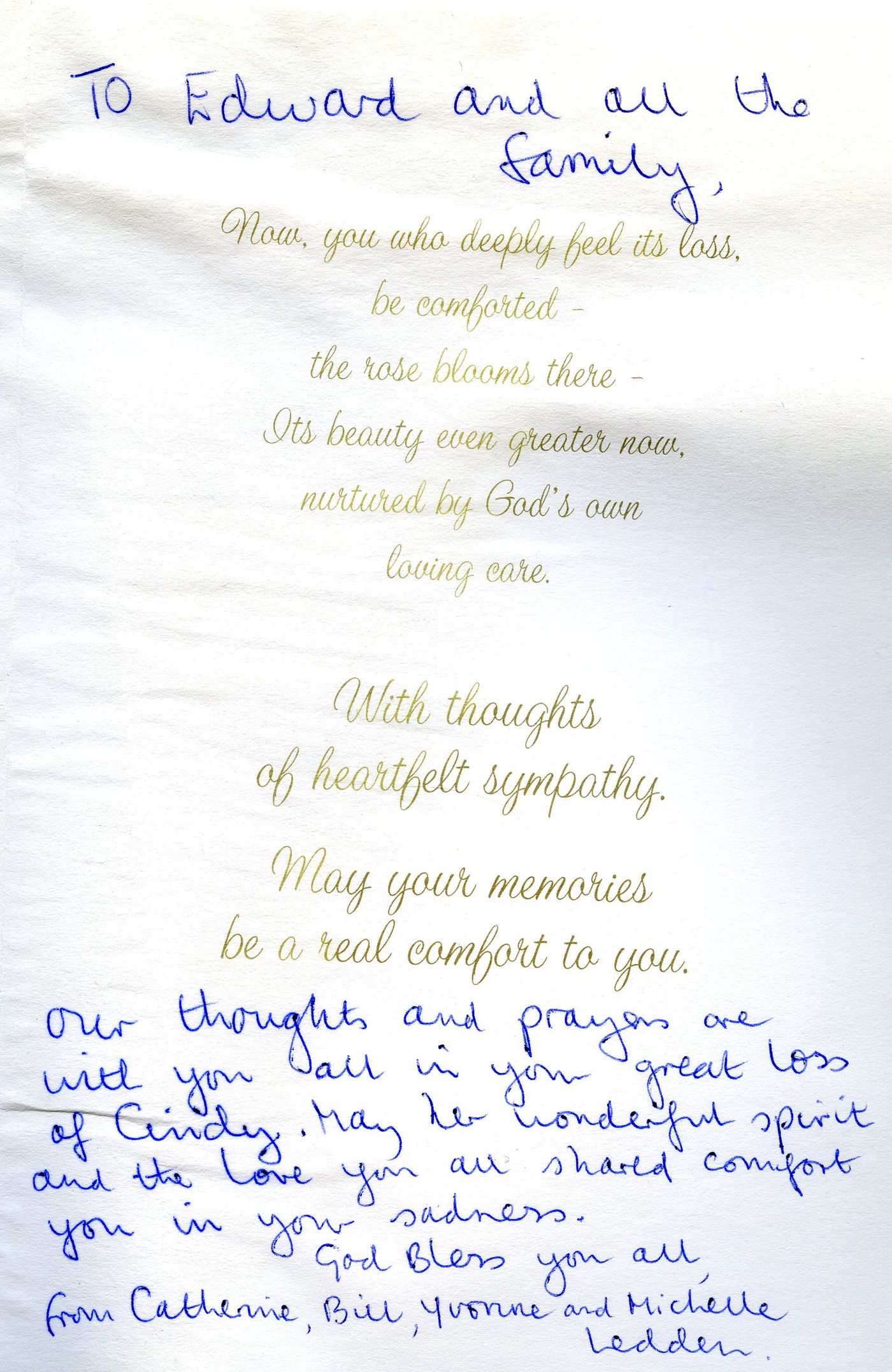 Front of the card from Catherine, Bill, Yvonne and Michelle Ledden
