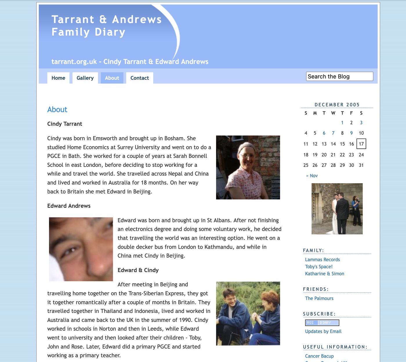 The About page of the blog in 2005. It's in shades of blue. There's a photo of Cindy in view in the top section.