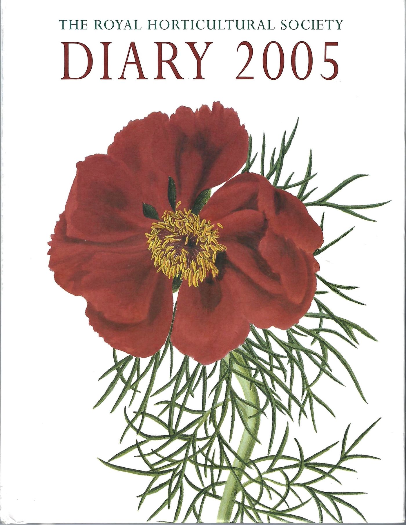 The cover of The Royal Horticultural Society Diary for 2005. A white A5 book with a red flower on the front.