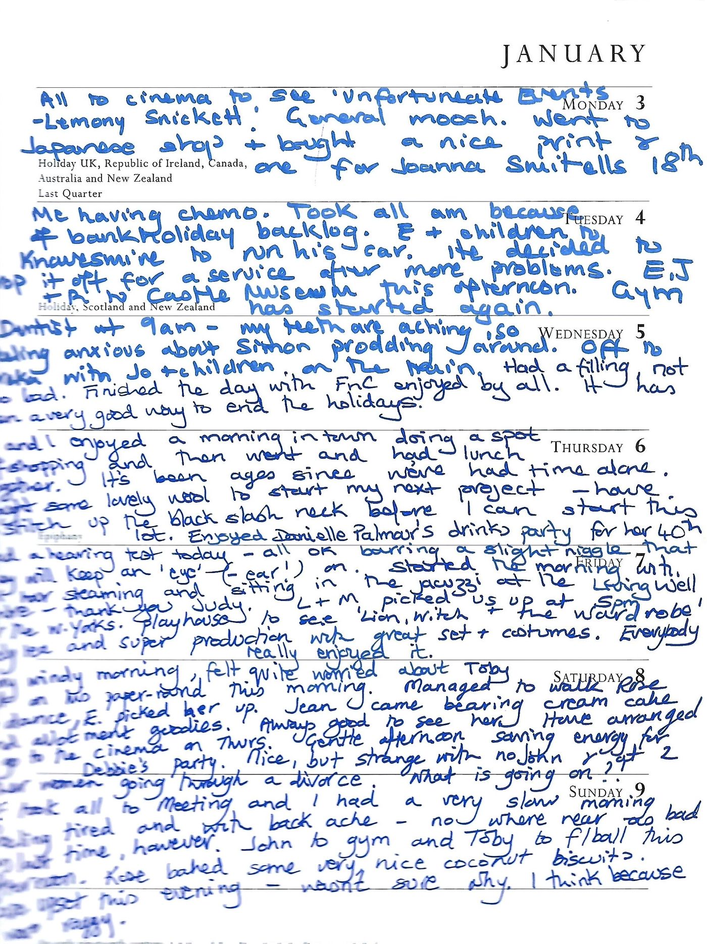 A handwritten page from the diary. Seven tightly written rows of text in blue or black pen. The words are squeezed  into the space for each day.