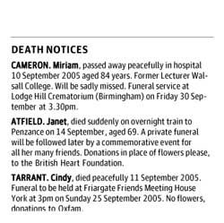 The announcements in the corner of the Guardian page