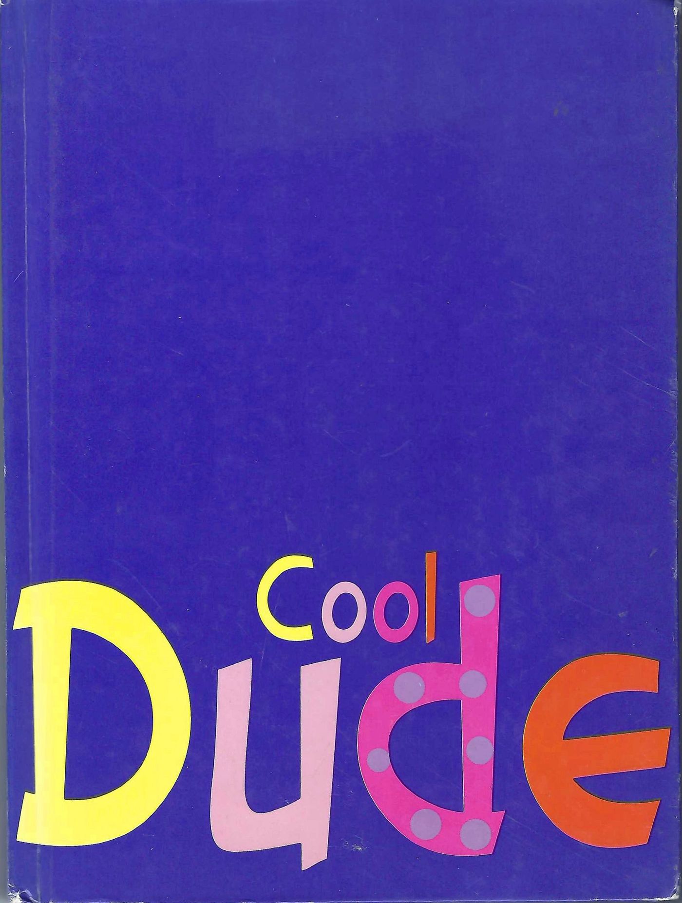 The cover of an A5 notebook. It's a blue or purple notebook, with colourful writing spelling out 'Cool Dude'!